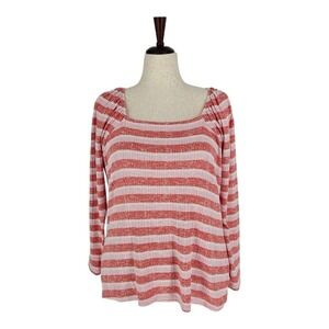 Lane Bryant Striped Ribbed Square Neck Top Women 18/20 Red White Long Sleeve